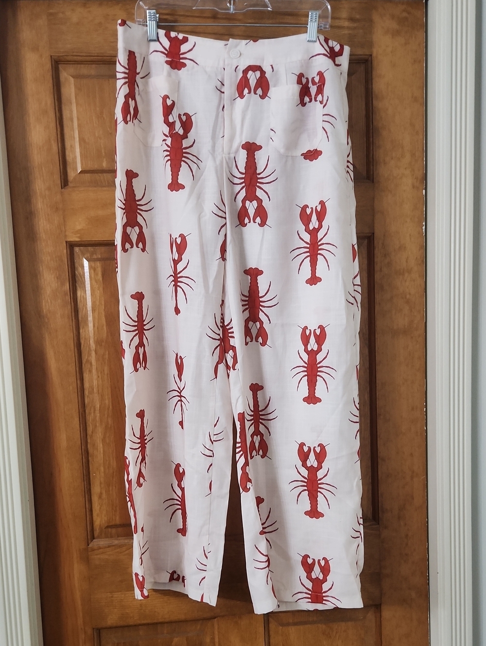 Wide Leg Lobster Print Pants - Cream with Red Lobsters